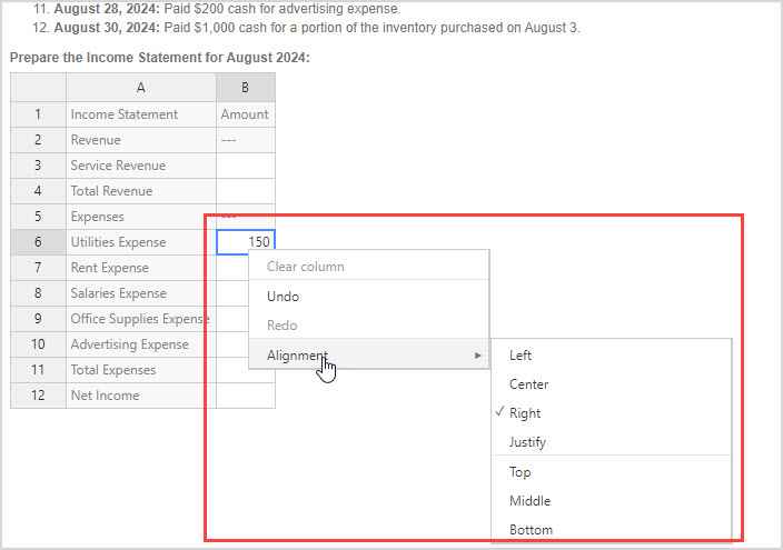 After right clicking on a cell in the spreadsheet, a context menu is shown with the Clear column, Undo, Redo and Alignment options.